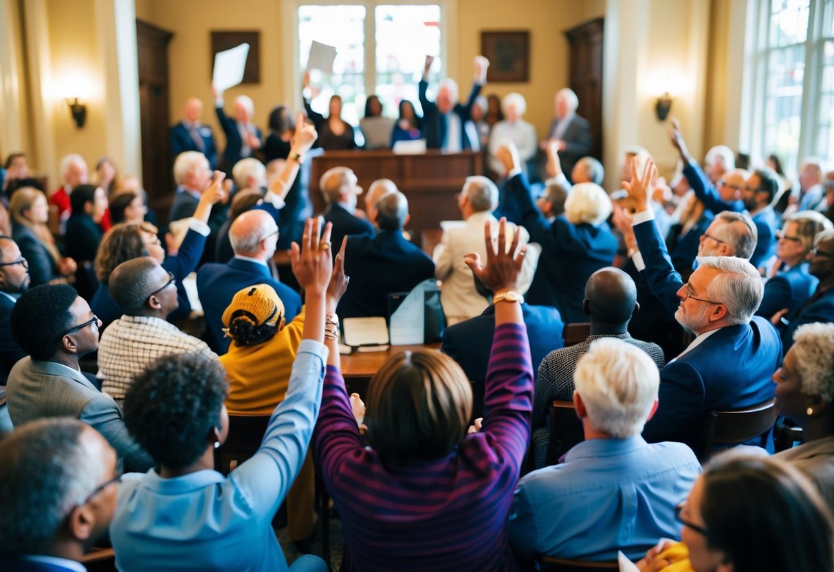 A diverse group of people gathering in a town hall, raising their voices and engaging in lively discussions about political issues