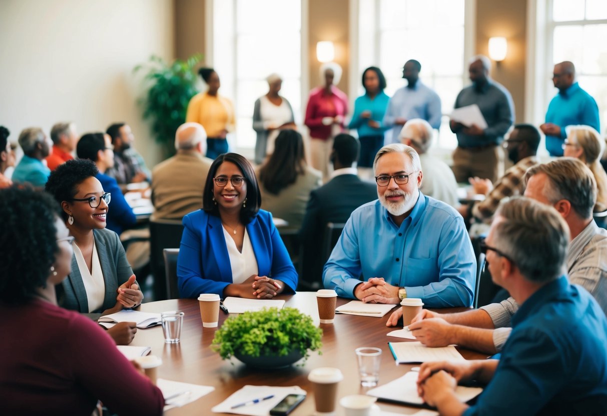 A diverse group of people gathered in a town hall meeting, engaging in lively discussions and brainstorming ideas for community improvement